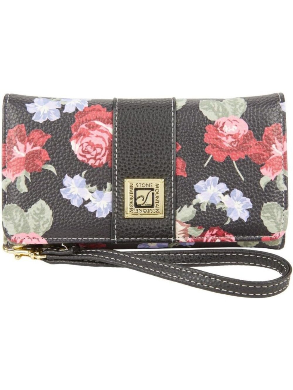 Large Floral Leather Wallet Wristlet - Open Flap, Black & Multicolor, 7x2x4